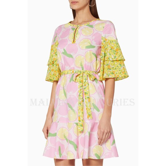 BOUTIQUE MOSCHINO DRESS PINK YELLOW LEMONS FLUTTER SLEEVE BELT sz IT 40 US 6 - Picture 1 of 8